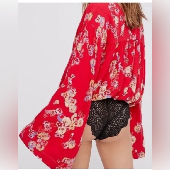 Free People Forties Feels Bodysuit Size Large Floral Red Bell Sleeve Lace Boho - Picture 2 of 9